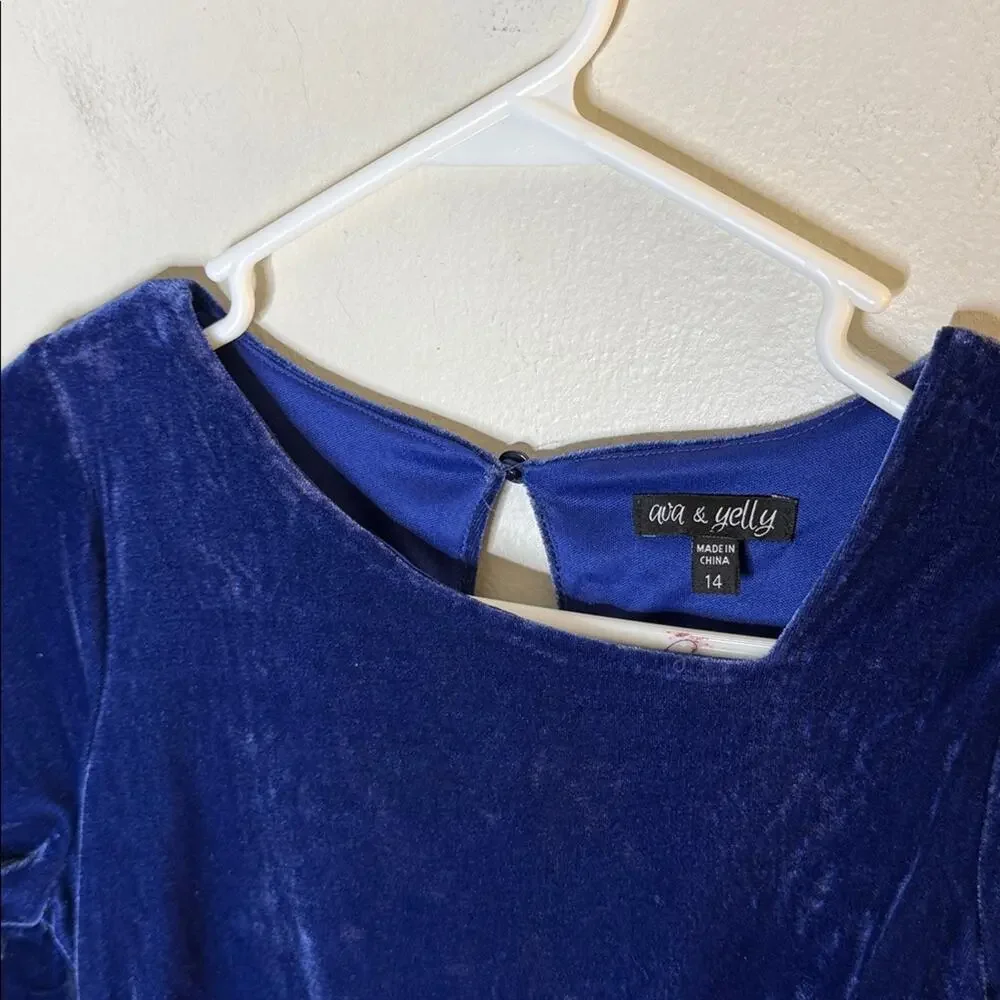 Ava & Yelly Elegant Blue Velvet A Line Tie Waist Long Sleeve Dress Size 14